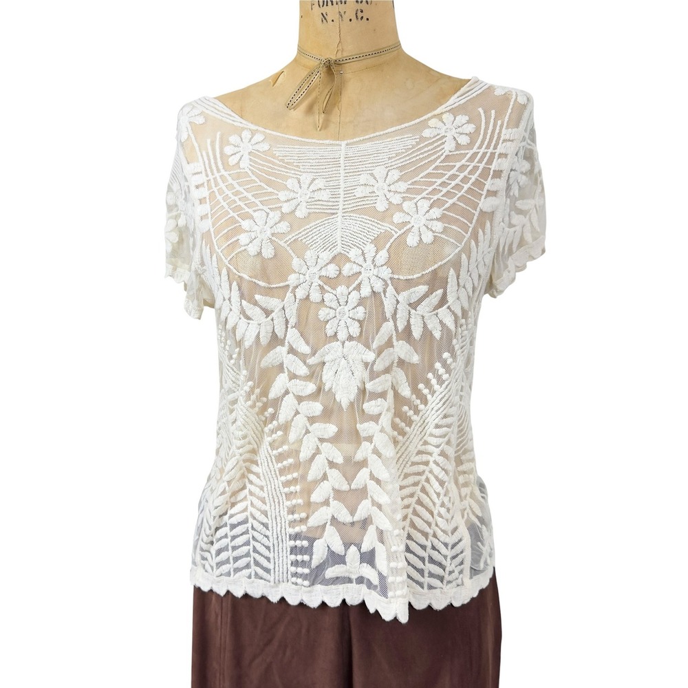 Y2K Coquette Cream Embroidered Mesh Top Floral Scallop Hem Sheer Fairycore S